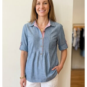 Gap Chambray Shirt Women's Small Blue Pintuck Henley Roll Tab Cotton Top Preppy